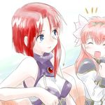  2girls blue_eyes breasts forte_stollen galaxy_angel large_breasts lowres milfeulle_sakuraba monocle multiple_girls pink_hair red_hair sakuraba_milfeulle short_hair stollen_forte 