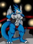 anthro audience bandai_namco bikini_thong boxing_gloves breasts clothed clothing digimon digimon_(species) exveemon female fighting_ring group handwear hi_res mlpboxing nipples solo solo_focus spotlight swimwear topless