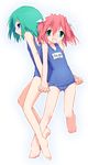  barefoot flat_chest holding_hands iwasaki_minami kobayakawa_yutaka kuroba_u lucky_star multiple_girls name_tag one-piece_swimsuit school_swimsuit swimsuit 