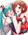  2girls :d ;d bare_shoulders black_sleeves blue_hair blue_necktie blush breasts brown_eyes brown_hair cleavage commentary_request crop_top cropped_jacket detached_sleeves double-parted_bangs grey_shirt hair_between_eyes hands_up hatsune_miku highres hug hug_from_behind jacket kaho_0102 long_hair long_sleeves meiko_(vocaloid) multiple_girls necktie one_eye_closed open_mouth red_jacket shirt short_hair sleeveless sleeveless_jacket sleeveless_shirt smile twintails upper_body vocaloid 