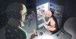  2girls barefoot bottle bread bread_slice cake can clutter commentary_request dishwasher drink_can eating flashlight food food_on_face fruit green_pajamas grey_hair highres hitodama hitodama_print holding holding_can holding_flashlight indoors juice kinoko_(kino2435006) kitchen konpaku_youmu konpaku_youmu_(ghost) ladle looking_at_another multiple_girls night nightgown open_mouth pajamas pink_eyes pink_hair pink_nightgown refrigerator saigyouji_yuyuko short_hair sleep_mask soda_can spatula squatting stove swiss_roll touhou towel watermelon whipped_cream 