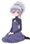  1girl darker_than_black dress female full_body grey_hair hair_ribbon kneeling long_sleeves maroon_eyes ponytail purple_dress purple_ribbon ribbon simple_background sitting solo white_background yin 