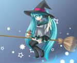  aqua_eyes aqua_hair bad_id bad_pixiv_id black_legwear boots broom broom_riding character_doll doll eko flying gradient gradient_background hat hatsune_miku kagamine_rin long_hair night skirt smile solo spring_onion star starry_background thigh_boots thighhighs twintails very_long_hair vocaloid witch witch_hat 