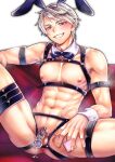  1boy abs absurdres animal_ears ao_(yashuring) ass axis_powers_hetalia bow bowtie chastity_belt chastity_cage collarbone commission condom condom_wrapper confident couch detached_collar fake_animal_ears grey_hair grin groin_tendon highres looking_at_viewer male_focus male_playboy_bunny muscular muscular_male nipples nude pectorals penis precum prussia_(hetalia) purple_eyes rabbit_ears short_hair simple_background sitting skeb_commission smile solo spread_legs teeth testicles wrist_cuffs 