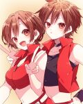  1boy 1girl :d :o black_choker black_shirt blush breasts brown_eyes brown_hair choker cleavage collarbone commentary_request crop_top cropped_jacket cropped_shirt double-parted_bangs hand_up high_collar highres jacket kaho_0102 looking_at_viewer medium_breasts meiko_(vocaloid) meito_(vocaloid) midriff navel open_clothes open_mouth open_vest red_jacket red_vest shirt short_hair sleeveless sleeveless_jacket sleeveless_shirt smile upper_body v vest vocaloid yellow_background 