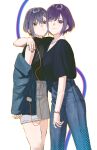  2girls :3 absurdres bang_dream! bang_dream!_it&#039;s_mygo!!!!! black_shirt blue_jacket blue_pants brown_eyes cheek-to-cheek chinese_commentary closed_mouth commentary_request earphones grey_hair grey_shorts hair_ornament hairclip heads_together highres jacket jewelry multiple_girls multiple_rings nail_polish necklace off_shoulder one_eye_closed pants purple_eyes purple_hair purple_nails rainbow_hose ring shirt short_hair short_sleeves shorts simple_background sleeveless sleeveless_sweater sweater takamatsu_tomori white_background yellow_nails yuutenji_nyamu 
