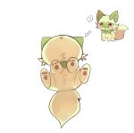  :3 :d ? arrow_(symbol) commentary from_below full_body highres multiple_views no_humans open_mouth pokemon pokemon_(creature) red_eyes simple_background smile spoken_question_mark sprigatito white_background yupo_0322 