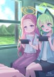  4girls aris_(blue_archive) bare_arms black_shorts blue_archive blue_jacket blue_sky blush bow closed_mouth cloud day forehead game_development_department_(blue_archive) green_bow green_eyes green_hair hair_bow halo holding hood hood_down hooded_jacket jacket kyado_(amaterasu) long_hair midori_(blue_archive) momoi_(blue_archive) multiple_girls nintendo_switch open_clothes open_jacket open_mouth pink_hair pink_skirt pleated_skirt pole power_symbol purple_eyes shirt shorts sitting skirt sky sleeveless sleeveless_jacket sleeveless_shirt smear_frame smile train_interior very_long_hair wavy_mouth white_shirt window yuzu_(blue_archive) 