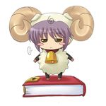  1girl :&lt; bell blush_stickers book chibi cosplay horns kishi_nisen lowres nagato_yuki namesake nanatsuiro_drops parody purple_hair sheep_horns short_hair solo suzumiya_haruhi_no_yuuutsu yuki-chan yuki-chan_(cosplay) 