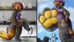 3_fingers 3_toes 4_ears anonymous_character anthro avali avian beaker black_body black_feathers black_inner_ear black_sclera black_scutes blue_body blue_fur blue_hair blue_sky bodily_fluids bottomwear brown_bottomwear brown_clothing brown_shorts clothed clothed_anthro clothed_female clothing cloud digit_ring dipstick_tail eeveelution feather_hair feathered_wings feathers feet female female_anthro fingers flask fully_clothed fully_clothed_anthro fully_clothed_female fur generation_4_pokemon glaceon gold_ring golden_pawpads hair hat headgear headwear hi_res jewelry kayu_(wyldfyrteam) laboratory laboratory_equipment laboratory_glassware looming looming_foot looming_over markings mechanical_arm micro miniature multi_ear nano nintendo nude nude_anthro orange_body orange_ears orange_feathers pawpads paws petri_dish pokemon pokemon_(species) pseudo_hair purple_clothing purple_hat purple_headwear purple_shirt purple_topwear raised_foot raised_paw ring scientific_instrument scutes shirt shorts sky sleepy_moonlight solo sweat sweaty_paws tail tail_markings toe_ring toes topwear white_eyes winged_arms wings yellow_body yellow_feathers yellow_pawpads yellow_tail_tip