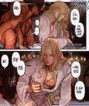  1girl 2boys alucard_(castlevania) artist_name bedroom bishounen blonde_hair blue_eyes blue_pajamas brown_hair castlevania_(netflix) castlevania_(series) chest_hair commentary_request copyright_request facial_hair highres long_hair multiple_boys muscular muscular_male pajamas short_hair sypha_belnades trevor_c._belmont tunic umikochannart white_tunic 