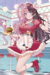  1girl apron black_hair burger closed_mouth cup curly_hair dress food highres ice_cream_cup indoors kneehighs long_hair looking_at_viewer miyako_(xxxbibit) multicolored_hair name_tag official_art pink_hair red_dress ribbed_socks sample_watermark short_sleeves smile socks solo standing standing_on_one_leg tachibana_hinano tongue tongue_out two-tone_hair very_long_hair visor_cap vspo! watermark white_apron white_socks 