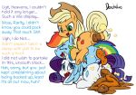 anus applejack_(mlp) artist_name barely_visible_genitalia barely_visible_vulva blonde_hair blue_body blue_eyes blue_fur body_stack brown_clothing brown_hat brown_headwear butt clothing color_coded_text cowboy_hat cutie_mark dendollae dialogue ellipsis english_text equid equine eyes_closed fart fart_cloud feathered_wings feathers feces feces_on_ground feces_pile female female_pooping feral friendship_is_magic fur genitals green_eyes group hair hasbro hat headgear headwear hooves horn horse long_hair looking_down looking_down_at_another looking_up_at_another lying mammal multicolored_body multicolored_fur multicolored_hair my_little_pony name_in_dialogue on_ground on_top_of_another open_mouth orange_body orange_fur pony pooping pooping_on_floor pooping_together purple_body purple_fur purple_hair rainbow_dash_(mlp) raised_tail rarity_(mlp) scatplay simple_background tail teeth text trio unicorn_horn vulva white_background white_body white_fur wings yellow_body yellow_fur