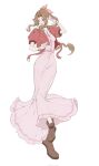  1girl aerith_gainsborough bangle boots bracelet braid braided_ponytail breasts brown_boots brown_hair choker cropped_jacket dress final_fantasy final_fantasy_vii final_fantasy_vii_remake flower_choker full_body green_eyes hair_ribbon hand_in_own_hair highres jacket jewelry long_dress long_hair medium_breasts parted_bangs pink_dress pink_ribbon puffy_short_sleeves puffy_sleeves red_jacket ribbon short_sleeves sidelocks single_braid solo vegaressi white_background 