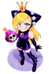  1girl absurdres black_boots black_dress black_gloves blonde_hair blue_eyes bomb boots crown dress elbow_gloves explosive gloves highres holding holding_bomb hooded_dress long_hair looking_at_viewer mario_(series) mario_power_tennis mario_tennis mini_crown nico-neko sleeveless sleeveless_dress solo thigh_boots warupeach 
