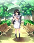  amesarasa black_hair chiyokawa_rin day dress eikichi_(mujirushi_shounen) green_eyes hair_ornament hairclip long_hair outdoors park sailor_dress school_uniform solo tree umbrella 