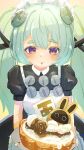  1girl absurdres apron bangboo_(zenless_zone_zero) black_dress black_nails blush cake commentary_request corin_wickes dress food green_hair hair_between_eyes highres holding holding_cake holding_food holding_tray kurone_sc long_hair looking_at_viewer maid maid_headdress puffy_short_sleeves puffy_sleeves purple_eyes screw_hair_ornament short_sleeves smile solo tongue tongue_out tray twintails white_apron zenless_zone_zero 