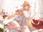  2girls alice_(genshin_impact) alternate_costume barefoot blonde_hair breasts chinese_commentary closed_eyes commentary_request dodoco_(genshin_impact) elf embarrassed feet genshin_impact hat highres indoors klee_(genshin_impact) large_breasts leaning_on_person light_particles lingerie long_hair mother_and_daughter multiple_girls nahaki nightcap on_bed pajamas pointy_ears red_eyes sleeping underwear wavy_mouth white_chemise white_pajamas 