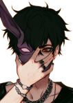  1boy \n/ absurdres bags_under_eyes black_hair black_nails black_shirt bracelet chain chain_necklace commentary corpse_husband covering_own_mouth earrings elfboiii english_commentary hand_on_own_face highres jewelry looking_at_viewer male_focus mask messy_hair multiple_rings necklace offlinetv one_eye_covered red_eyes ring shirt short_hair solo stud_earrings upper_body 