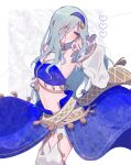  1girl arabian_clothes armpits blue_eyes blush breasts cowboy_shot crop_top detached_sleeves green_hair hair_between_eyes hairband harem_outfit heart heart-shaped_pupils highres hinomori_shizuku long_bangs long_hair looking_at_viewer mole mole_under_mouth project_sekai shorts small_breasts smile solo standing symbol-shaped_pupils teacrown twitter_username white_background white_shorts wide_sleeves 