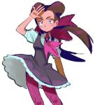  1girl ascot bow brown_hair dress grey_dress hair_bow hair_pulled_back hand_up highres light_frown long_hair malan pantyhose pink_ascot pink_bow pink_pantyhose pokemon pokemon_oras roxanne_(pokemon) short_sleeves solo twintails white_background 
