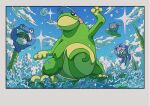  absurdres animal_focus blue_sky closed_eyes closed_mouth cloud evolutionary_line frog highres lily_pad no_humans onamuzi_illust outdoors pokemon pokemon_(creature) pokemon_focus politoed poliwag poliwhirl poliwrath sky smile tail water water_drop 