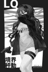  1girl belt_around_waist breasts chinikuniku cirsium_(lavender_quartz) copyright_name covered_mouth dated dress feet_out_of_frame foot_out_of_frame gloves greyscale gun hair_ornament half-closed_eyes hand_in_own_hair hand_up handgun highres holding holding_gun holding_weapon jacket lavender_quartz lavender_quartz:_kyoukai_hyoudou long_hair long_sleeves looking_at_viewer medium_breasts monochrome open_clothes open_jacket outside_border short_dress solo standing thigh_strap twitter_username underbust weapon 