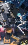  1girl 1other absurdres ahoge aqua_eyes armpits bangboo_(zenless_zone_zero) bare_shoulders blue_hair breasts clothing_cutout elbow_gloves english_commentary full_body gloves highres long_hair looking_at_viewer mecha mercury_(zenless_zone_zero) no_shoes open_mouth robot samaru_(seiga) second-party_source seed_(zenless_zone_zero) seed_sr. smile stirrup_legwear toeless_legwear toes two-tone_gloves white_gloves yellow_gloves zenless_zone_zero 