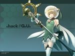  .hack//g.u. 1girl 2007 armpits atoli_(.hack//) biwa_(illustrator) blonde_hair bloomers cape copyright_name flat_chest gloves green green_background hat honeycomb_(pattern) honeycomb_background jewelry official_art ring short_hair smile solo staff thighhighs underwear wallpaper white_bloomers white_legwear yellow_eyes zettai_ryouiki 