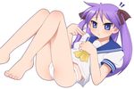  ass barefoot hiiragi_kagami kurappii lucky_star no_pants panties purple_hair ryouou_school_uniform school_uniform serafuku solo tsurime underwear yellow_neckwear 