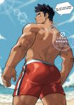  1boy absurdres ass back back_focus balo_dqx_ff14 bara beach beard black_hair blush dark-skinned_male dark_skin english_text facial_hair from_behind full_beard highres looking_back male_focus male_swimwear muscular muscular_male original red_male_swimwear short_hair signature solo speech_bubble spiked_hair sweatdrop swim_trunks watermark 