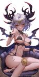  1girl armchair bikini black_bikini black_collar black_dragon_(sansuma!) black_horns black_wings black_wrist_cuffs blush breasts bridal_legwear chair circlet cleavage closed_mouth collar commentary_request dragon_girl dragon_horns dragon_wings english_commentary feet finger_to_mouth frilled_wrist_cuffs frills gold_circlet hand_up highres horns jademoon lace_bikini lace_collar large_breasts looking_at_viewer mixed-language_commentary navel on_chair pointy_ears sangoku_taisen_smash! short_hair simple_background sitting solo stomach swimsuit toenails white_background white_hair wings wrist_cuffs yellow_eyes yokozuwari 