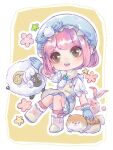  >_< 1girl animal anklet apron ascot blue_bow blue_gloves blue_hat blue_shirt blue_shorts blushbunny boots border bow brooch brown_eyes bubble_print bye-bye_dust_(infinity_nikki) chibi chinese_commentary collared_shirt commentary_request commission dog dotted_line eyelashes eyeshadow floof_(infinity_nikki) flower frilled_gloves frilled_headwear frills gloves green_flower happy hat hat_bow highres infinity_nikki jewelry light_blush looking_ahead makeup mob_cap nikki_(series) open_mouth outline paw_print petting pink_eyeshadow pink_flower pink_hair pink_socks pocket pom_pom_hat_ornament puffy_short_sleeves puffy_sleeves rabbit see-through_clothes see-through_footwear see-through_sleeves sheep shiba_inu shirt short_hair short_sleeves shorts sleeve_bow smile socks tareme teeth upper_teeth_only white_ascot white_boots white_border white_outline xiaoya_zie yellow_apron yellow_background yellow_flower 