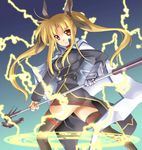  bow cape fate_testarossa lightning lyrical_nanoha mahou_shoujo_lyrical_nanoha staff thighhighs weapon 