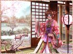  bridge card_captor_sakura child fan flower japanese_clothes kimono kinomoto_sakura mutsuki_(moonknives) print_dress print_kimono scenery tree 