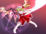  blonde_hair dress flandre_scarlet flying full_body gradient gradient_background hat hexagram jerry laevatein magic_circle no_shoes one_side_up pink_background purple_background red_dress red_eyes short_hair smile socks solo touhou white_legwear wings 