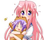  :3 animal_costume bear_tsukasa blush bug butterfly capybara-san carrying chibi glasses hiiragi_tsukasa hug insect long_hair lucky_star minami_(colorful_palette) multiple_girls o_o open_mouth pink_hair purple_eyes purple_hair ryouou_school_uniform school_uniform serafuku simple_background sweat takara_miyuki 