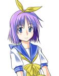  bow bowtie closed_mouth fuuyou_yuuki hair_bow hiiragi_tsukasa looking_at_viewer lucky_star purple_hair ryouou_school_uniform sailor_collar school_uniform serafuku shirt short_hair short_sleeves smile solo upper_body white_shirt yellow_bow yellow_neckwear 
