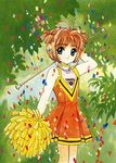  1girl baton card_captor_sakura cheerleader clamp confetti female kinomoto_sakura pom_poms ribbon short_hair solo standing 