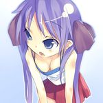  blue_eyes blush breasts camisole cleavage downblouse face hiiragi_kagami lucky_star medium_breasts mikage_sekizai purple_hair ribbon skirt solo twintails 