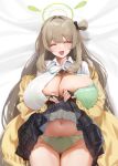  1girl ^_^ bed_sheet black_gloves black_skirt blue_archive bra breasts brown_hair closed_eyes clothes_lift dakimakura_(medium) fingerless_gloves frilled_skirt frills gloves green_bra green_halo green_panties hair_intakes hair_rings halo highres huge_breasts jacket lifting_own_clothes long_hair lying nonomi_(blue_archive) on_back on_bed open_clothes open_jacket open_mouth panties plump shirt single_hair_ring skirt skirt_lift solo thighs underwear white_shirt xiujia_yihuizi yellow_jacket 