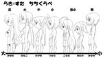  bikini blush bust_chart flat_chest greyscale hiiragi_kagami hiiragi_tsukasa iwasaki_minami izumi_konata kobayakawa_yutaka kuroi_nanako lineup long_hair lucky_star mole mole_under_eye monochrome multiple_girls profile short_hair siblings sisters swimsuit takara_miyuki translated twins twintails yuuji 