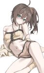  1girl absurdres ahoge blush breasts brown_hair camisole closed_mouth collarbone commentary dolphin_shorts frilled_camisole frills green_eyes hair_ornament hair_scrunchie highres hololive long_sleeves looking_at_viewer lying natsuiro_matsuri natsuiro_matsuri_(matsuri's_day_off) navel official_alternate_costume on_side scarlet_(wv0102) scrunchie short_hair short_shorts shorts side_ponytail simple_background small_breasts solo stomach strap_slip symbol-only_commentary virtual_youtuber white_background yellow_camisole yellow_scrunchie yellow_shorts 