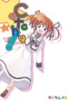  black_ribbon blue_eyes capelet dress dutch_angle english hair_ribbon long_sleeves looking_at_viewer lyrical_nanoha mahou_shoujo_lyrical_nanoha nonaka_yuu orange_hair red_ribbon ribbon school_uniform seishou_elementary_school_uniform simple_background solo star takamachi_nanoha text_focus translation_request twintails white_background white_dress 