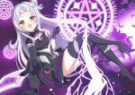  1girl absurdres black_gloves black_thighhighs blush eureka_illust gem gloves highres hime_cut hololive long_hair magic_circle magical_girl mahou_shoujo_holowitch! murasaki_shion orange_eyes purple_gemstone smile thighhighs thunder virtual_youtuber white_hair 