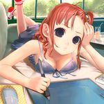  blue_eyes breast_press breasts cleavage cup drawing_tablet dress drinking_glass large_breasts lying on_stomach red_hair socks solo uni wacom 