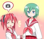  :d ^_^ ^o^ blue_eyes blush closed_eyes fukurou green_hair iwasaki_minami kobayakawa_yutaka long_sleeves lucky_star multiple_girls neckerchief open_mouth pink_neckwear pleated_skirt red_hair red_skirt ryouou_school_uniform sailor_collar school_uniform serafuku shirt shoes skirt smile spoken_object sweatdrop talking white_shirt 