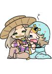  2boys beanie beard belt blonde_hair blue_eyes blue_hat blue_hoodie blue_pants bridal_gauntlets brown_hat brown_pants cape chibi chibi_only comb commentary cowboy_hat facial_hair gold_teeth green_eyes grey_belt grey_hair grin gyro_zeppeli hat highres hood hood_down hoodie horse_print horseshoe_hat_ornament horseshoe_ornament johnny_joestar jojo_no_kimyou_na_bouken long_hair looking_at_another m_a_a_m_8 male_focus medium_hair multiple_boys on_floor one_eye_closed open_mouth pants purple_bridal_gauntlets purple_shirt shirt short_sleeves simple_background sitting smile spurs squeans star_(symbol) star_print steel_ball_run symbol-only_commentary white_background yawning yellow_arm_warmers yellow_cape 