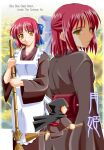  1girl 2000s_(style) bad_id blue_bow bow broom broom_riding brown_kimono closed_mouth commentary_request cowboy_shot expressionless holding holding_broom japanese_clothes kimono kohaku_(tsukihime) kumashiro_izuta looking_at_viewer maid multiple_views red_hair short_hair smile tsukihime wa_maid white_bow yellow_eyes 