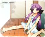  barefoot dress feet hair_ribbon hiiragi_kagami lucky_star purple_eyes purple_hair ribbon sakura_hanpen sitting solo veranda white_dress 